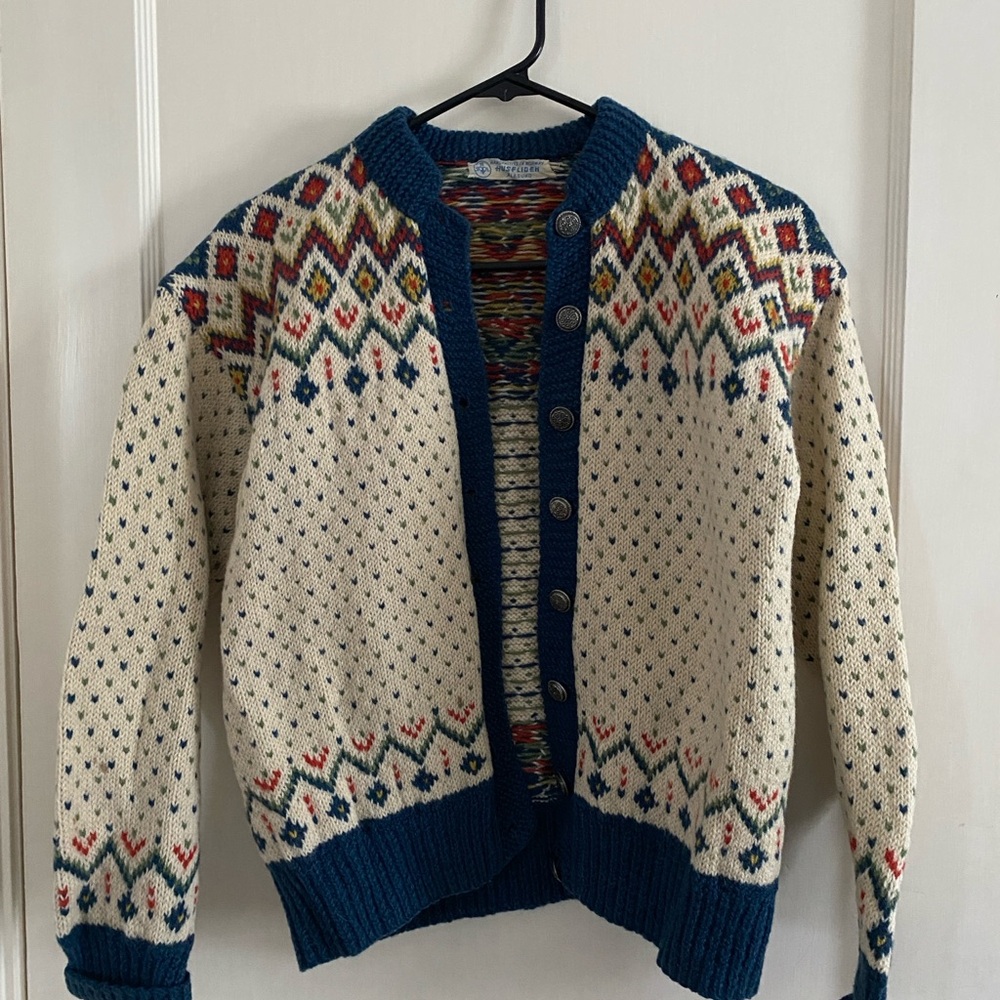 Off-White Nordic Patterned Cardigan Sweater with Royal Blue Accents